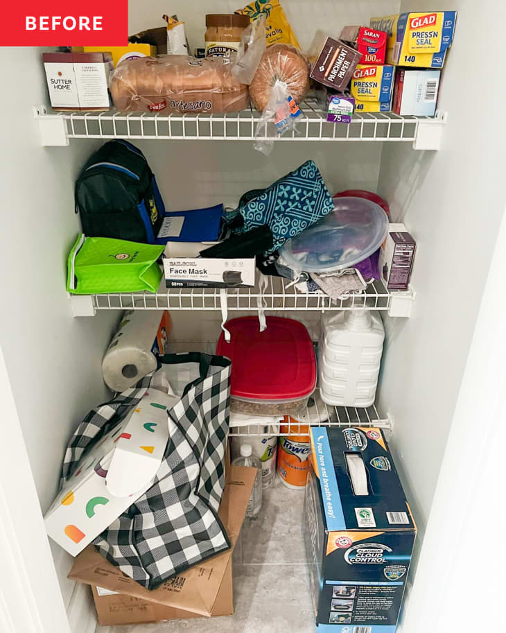 Before: food and cleaning supplies on wire shelves in a pantry