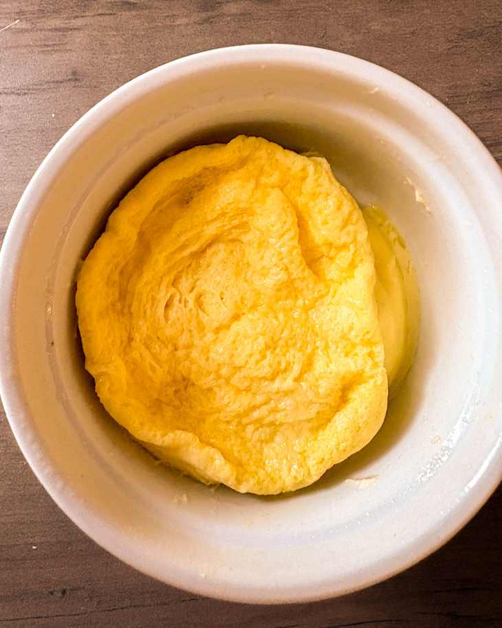 Microwave mayonnaise eggs cooked in ramekin.