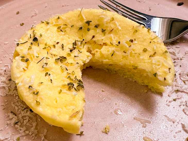 Slice taken out of mayonnaise microwave eggs.