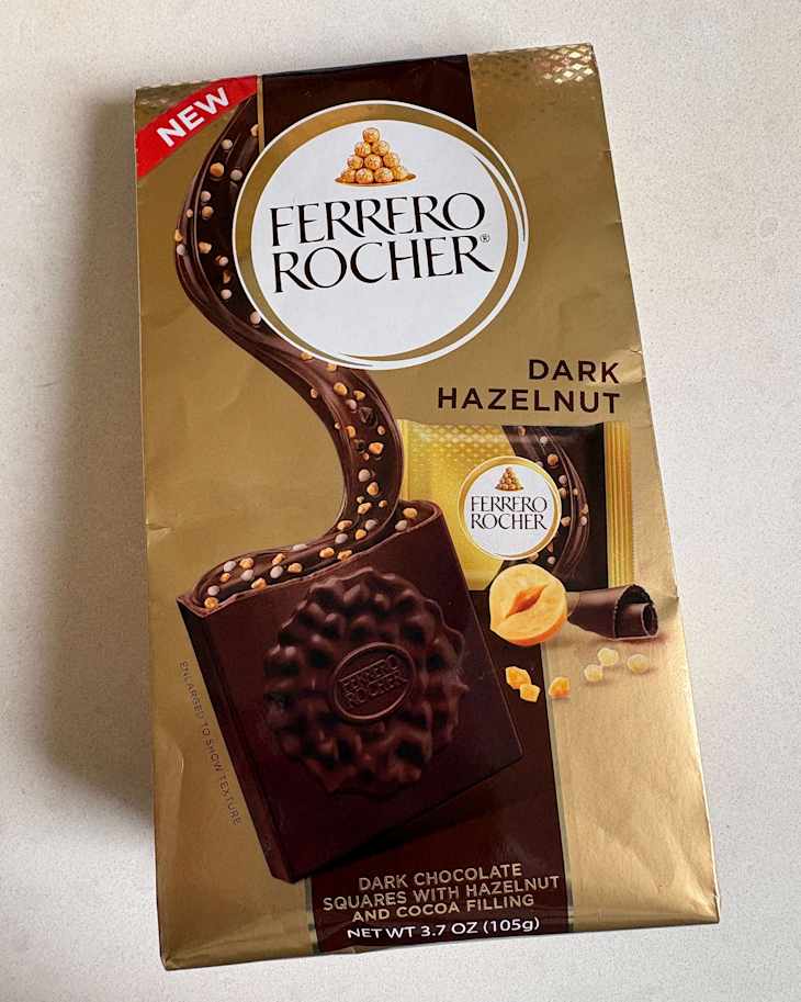 Package of Ferrero Rocher dark hazelnut chocolates.