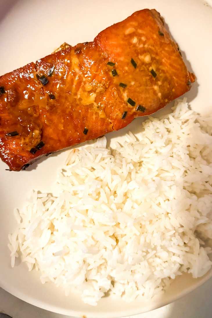 Glazed salmon fillet topped with green onions served alongside fluffy white rice.
