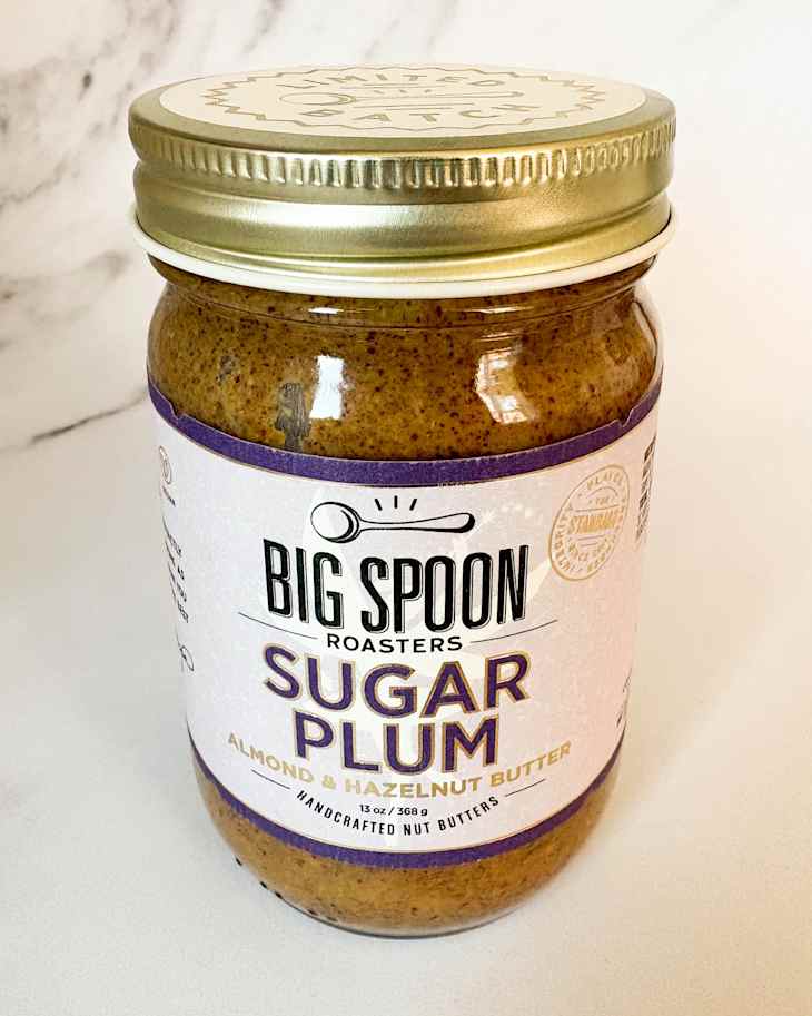 Jar of Big Spoon roasters sugar plum almond hazelnut butter.