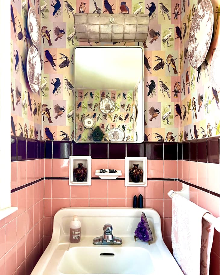 Mulitcolored bird wallpaper hangs on walls above pink tile and white sink in bathroom.
