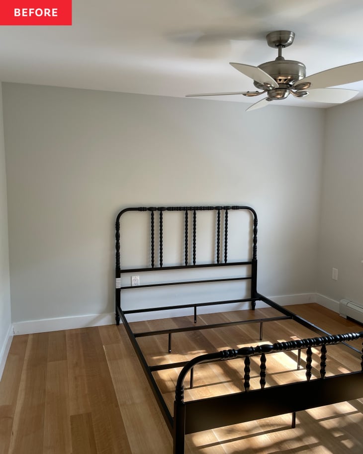 Bed frame in bedroom before renovation.
