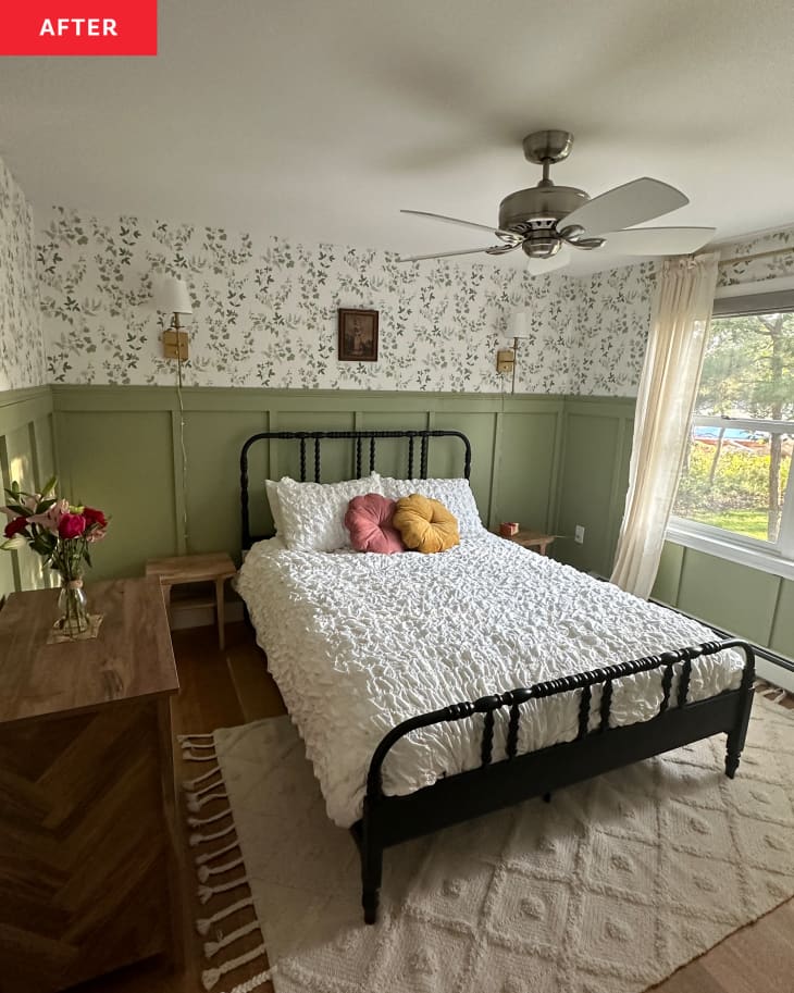 Wainscoting around newly renovated bedroom with floral wallpaper.