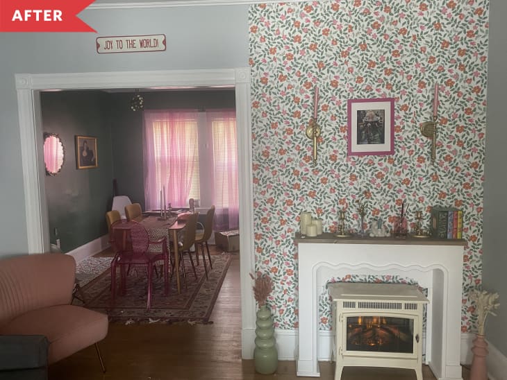After: Floral wallpaper behind fireplace in living room