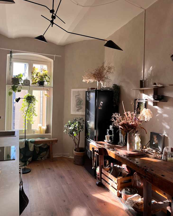 Cozy kitchen with a wooden table, black fridge, plants, and decorative dried flowers in sunlight.