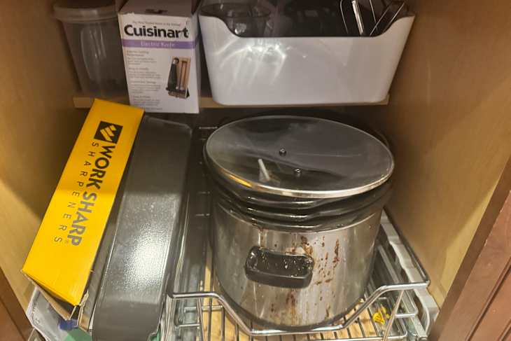 An organized kitchen cabinet.