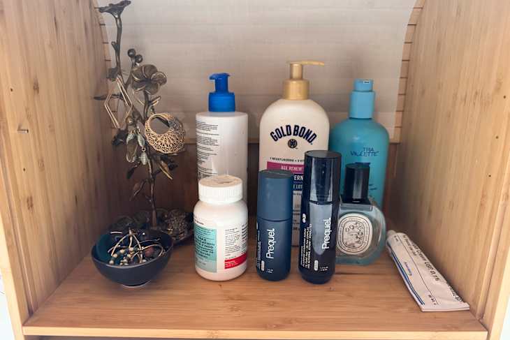 Organized bathroom items.
