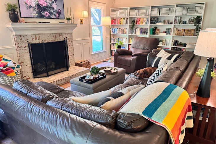 Living room with Pendleton throw over back of sofa