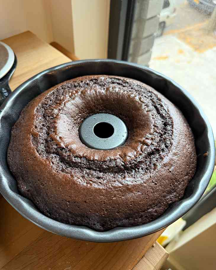 Freshly baked chocolate cake in tin.