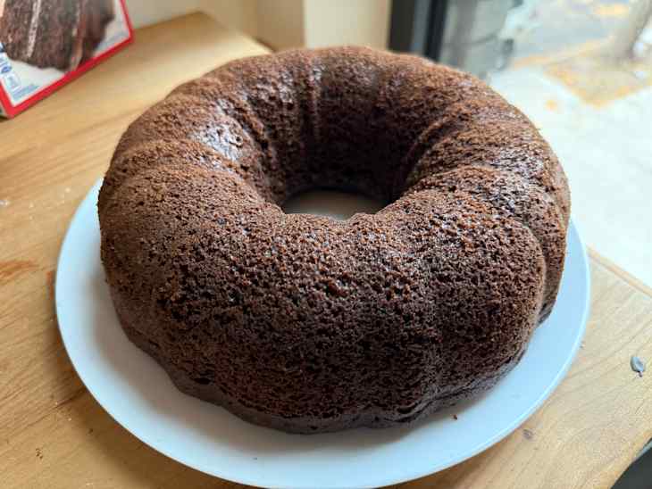 Freshly baked chocolate bundt cake on countertop.