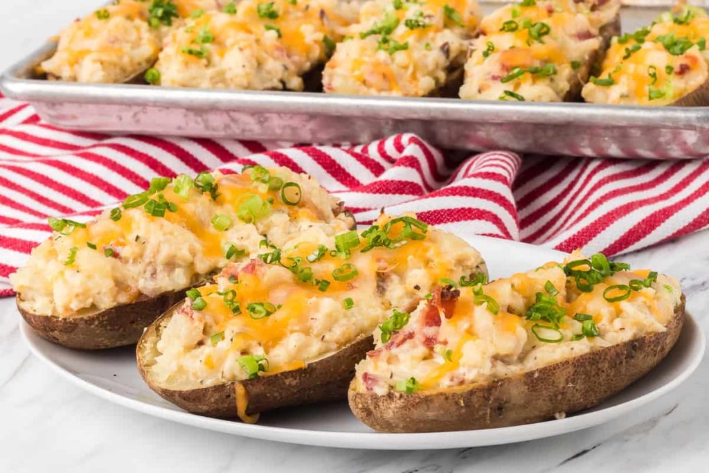 Baked Potatoes Garnished with Crispy Broccoli and Bacon