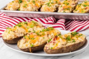 Baked Potatoes Garnished with Crispy Broccoli and Bacon