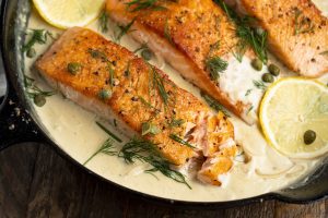 Salmon accompanied by Lemon and Dill Sauce