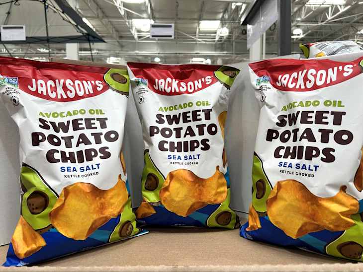 Three bags of Jackson's Avocado Oil Sweet Potato Chips with sea salt, featuring colorful packaging and kettle-cooked design.