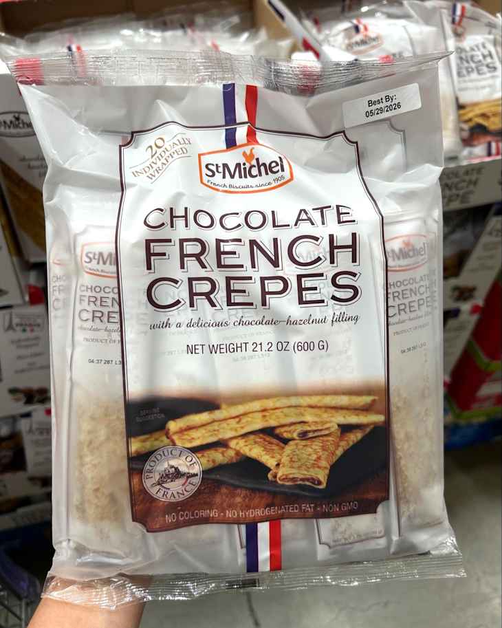 Chocolate French crepes package featuring a chocolate-hazelnut filling, with a photo of crepes on the front.