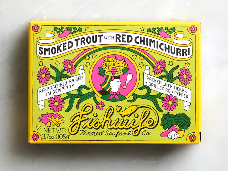 Colorful packaging for smoked trout with red chimichurri, featuring floral designs and text about ingredients and sourcing.