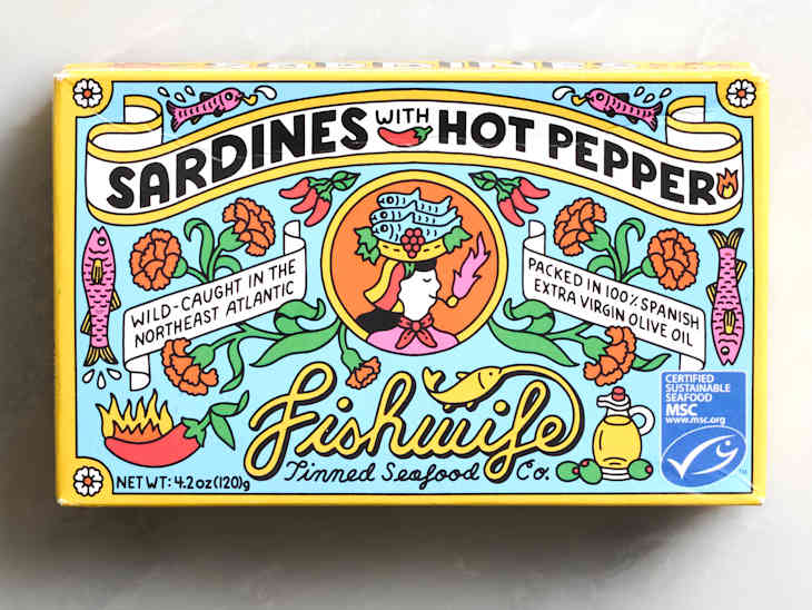 Colorful packaging for sardines with hot pepper, featuring floral designs and seafood illustrations.