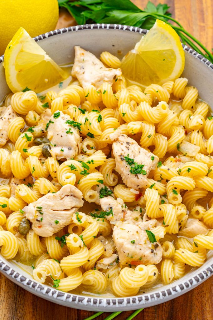 Pasta topped with Chicken Piccata Sauce