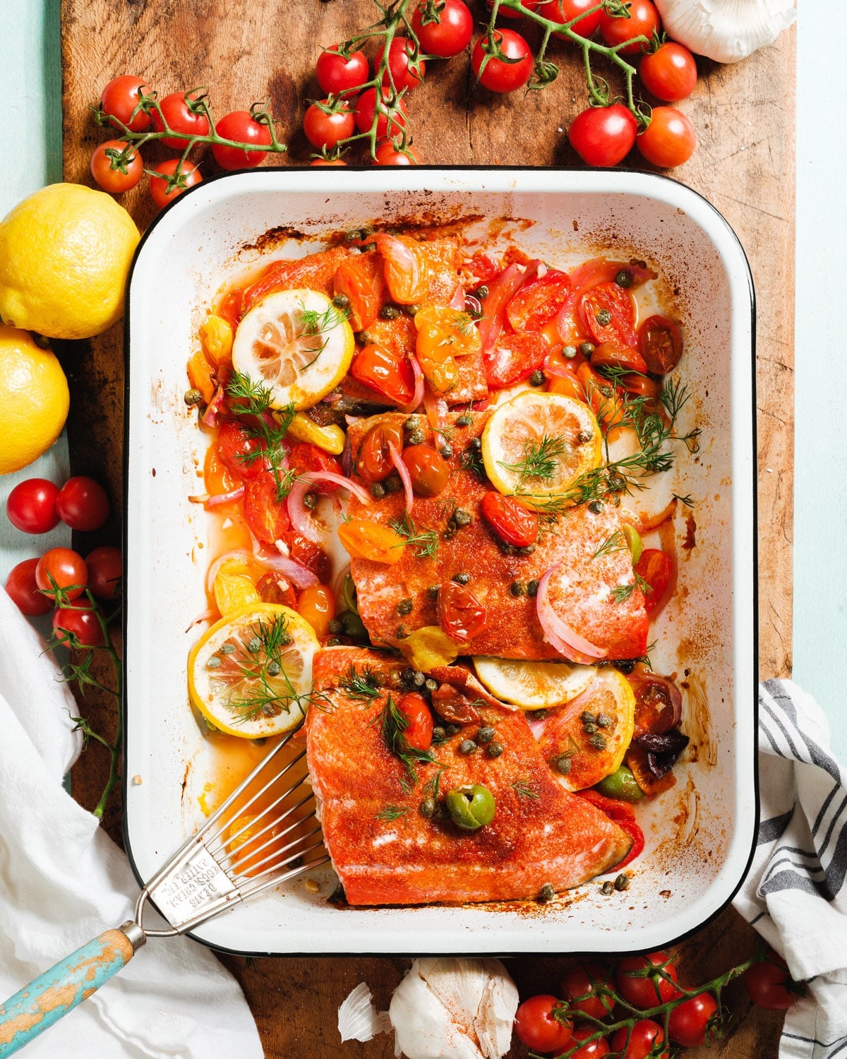 Salmon Cooked with Mediterranean Components