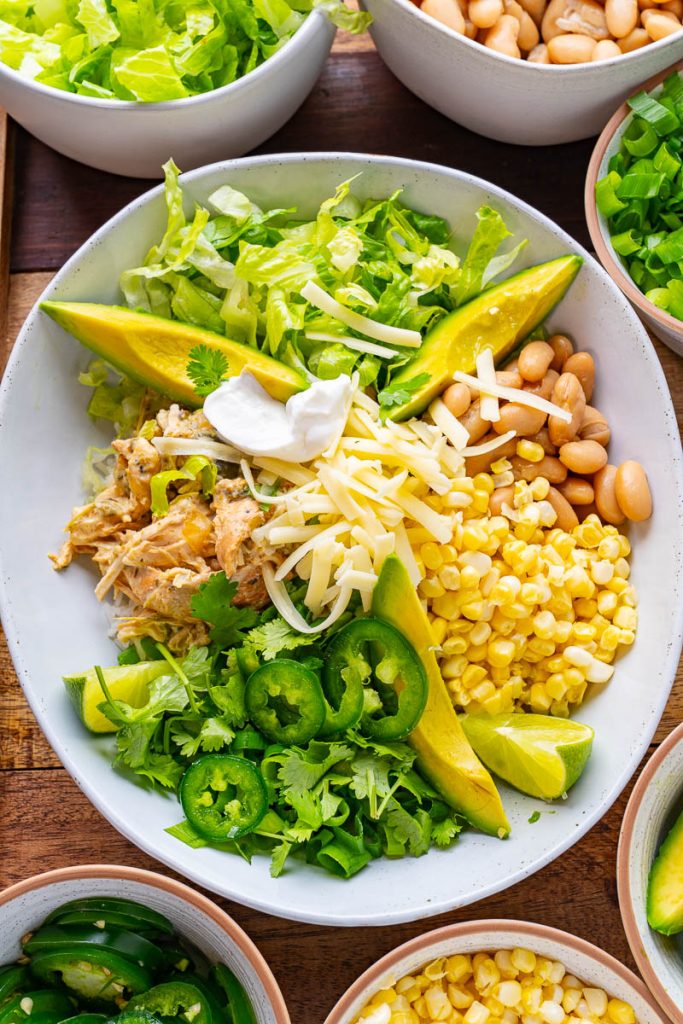 White Chili Chicken Burrito Bowls Prepared in a Slow Cooker