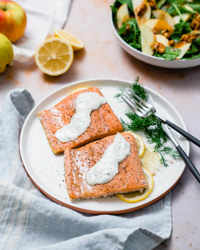 Salmon Fillet accompanied by Lemon and Dill Sauce