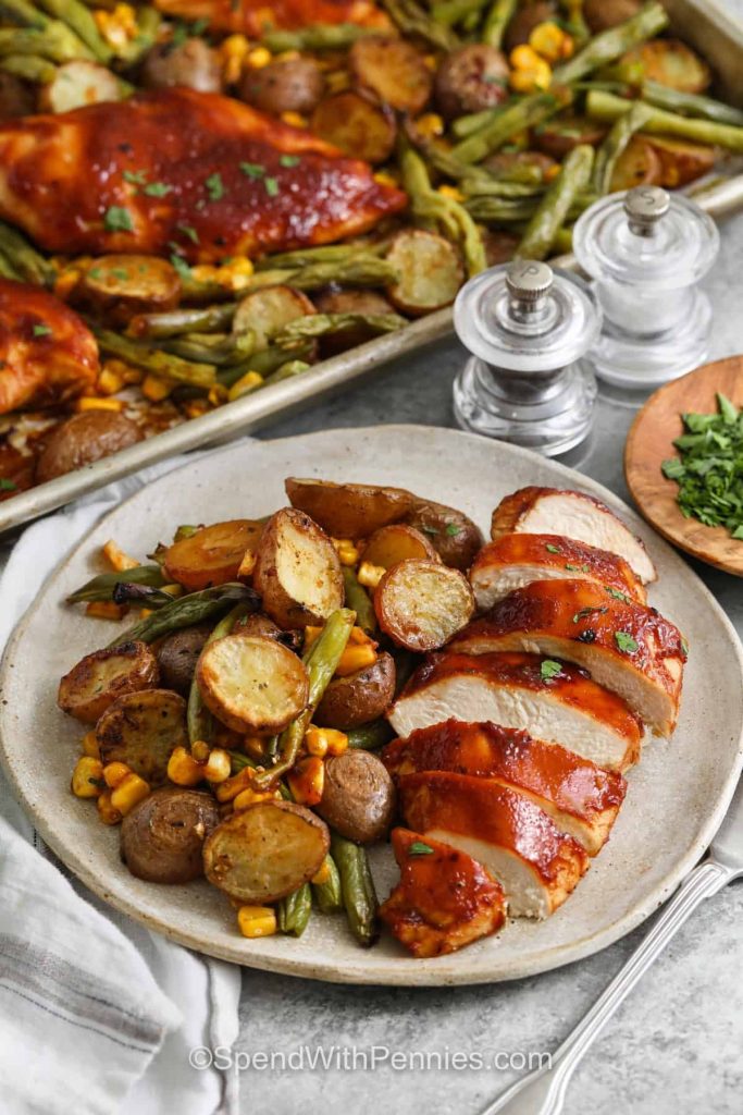One-Pan BBQ Chicken with Crispy Potatoes and Vegetables Recipe