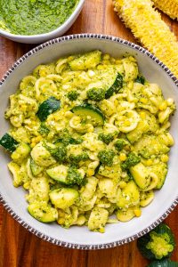 Pasta with Silky Corn, Zucchini, and Pesto Sauce
