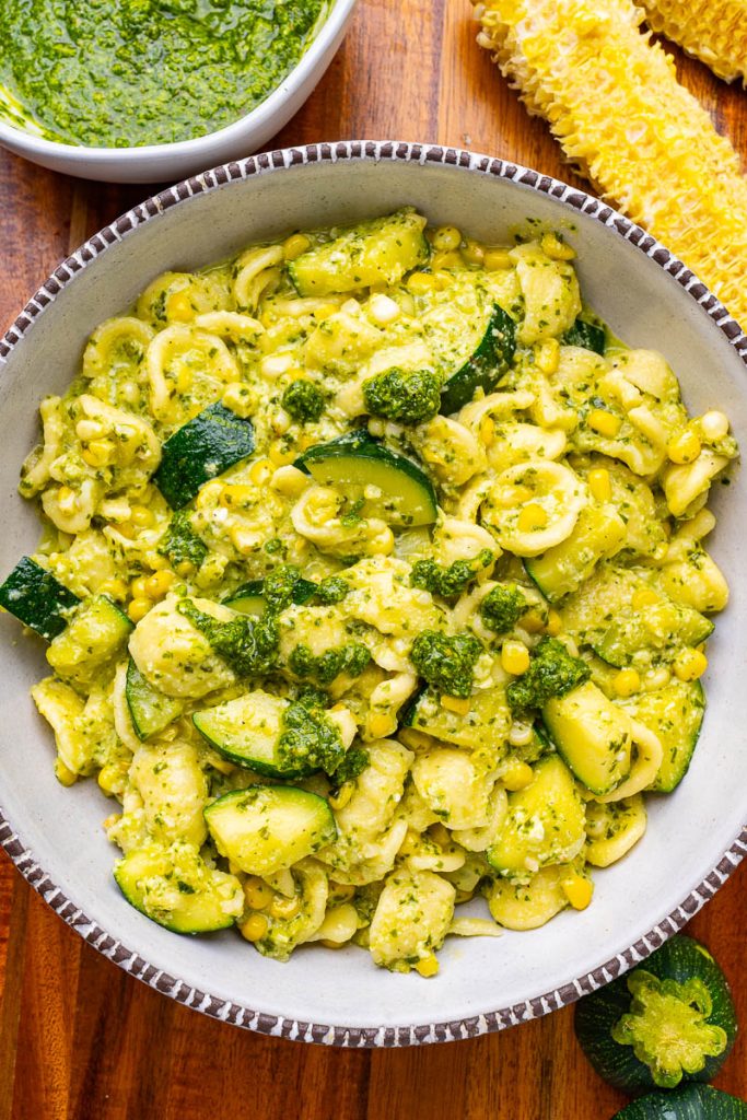 Pasta with Silky Corn, Zucchini, and Pesto Sauce