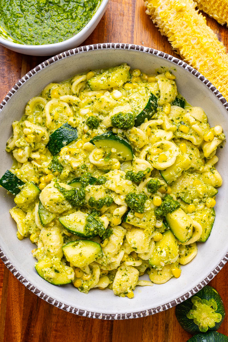 Pasta with Silky Corn, Zucchini, and Pesto Sauce