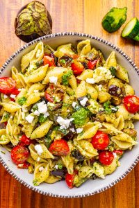 Pasta Salad featuring Roasted Veggies and Ratatouille Dressing