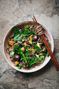 Soba Salad Highlighting Miso and Ginger-Infused Eggplant and Broccoli