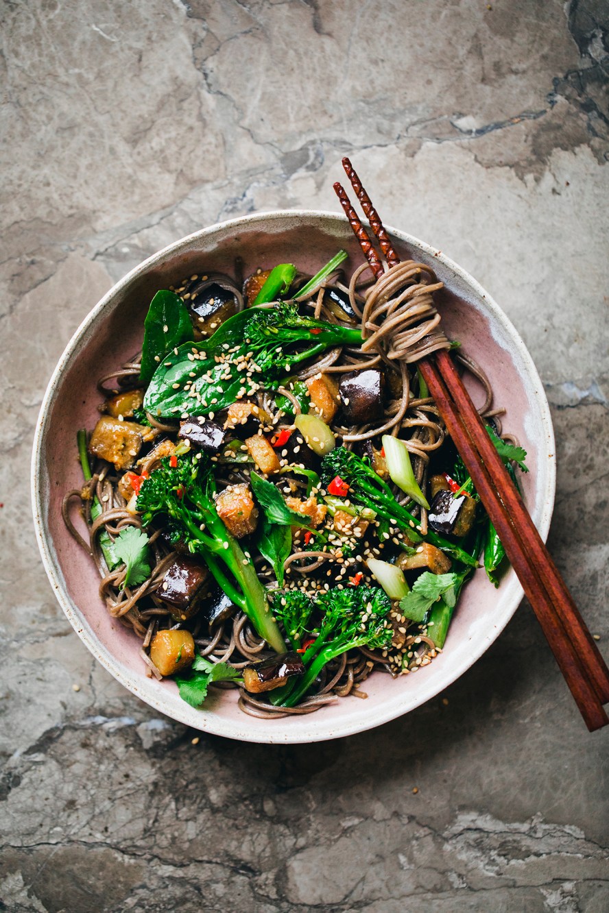Soba Salad Highlighting Miso and Ginger-Infused Eggplant and Broccoli