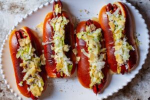 hot dogs with vinegared iceberg and potato chips
