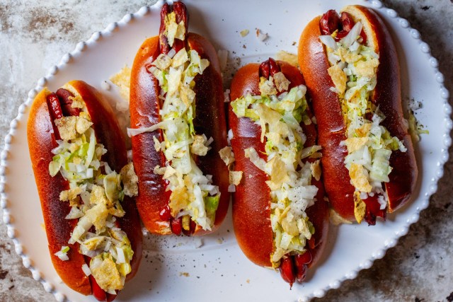 hot dogs with vinegared iceberg and potato chips