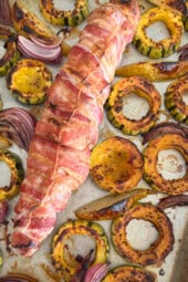Sheet Pan Dish: Pork Tenderloin Wrapped in Bacon with Delicata Squash and Caramelized Pears