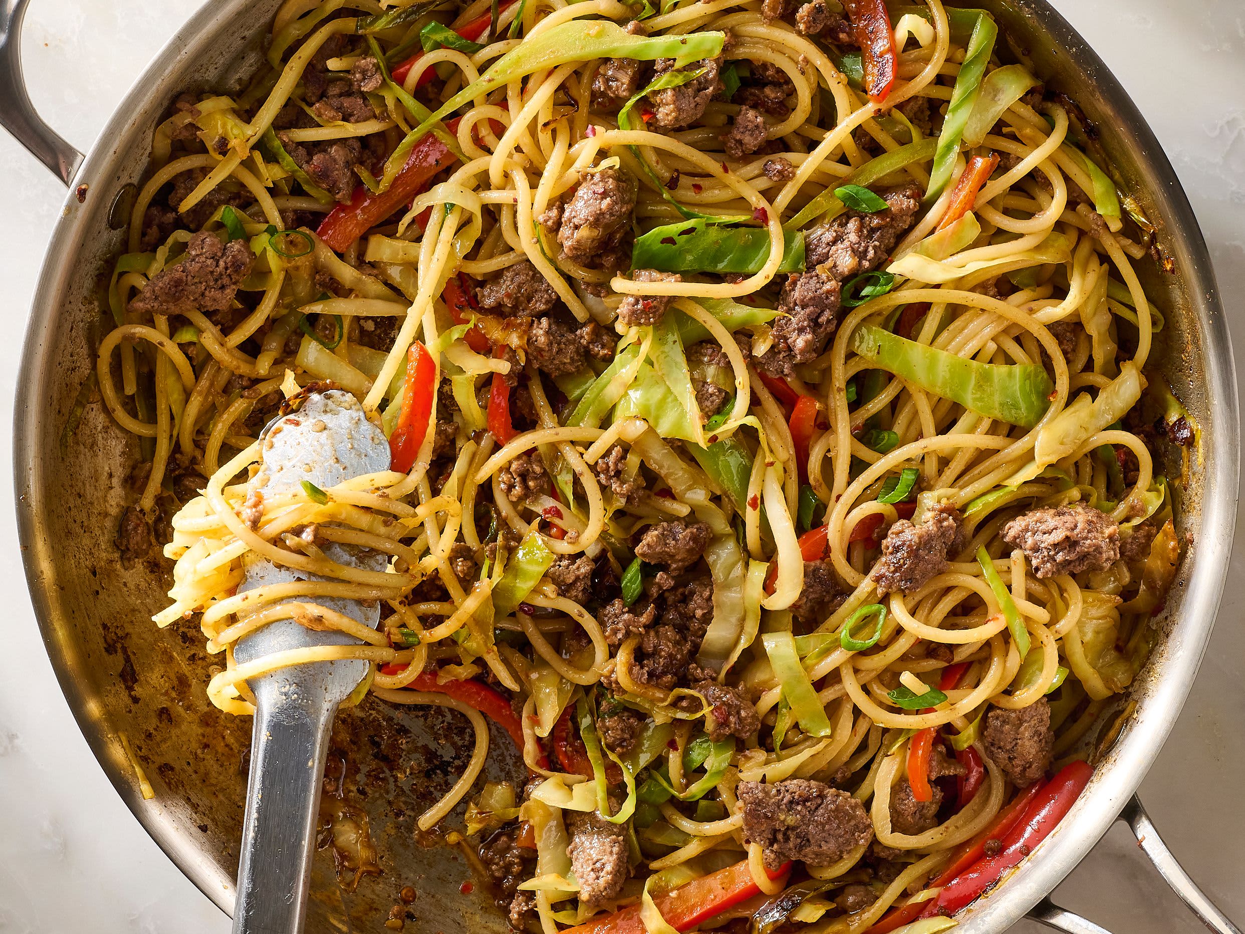 Sweet & Spicy Ground Beef and Cabbage Noodles